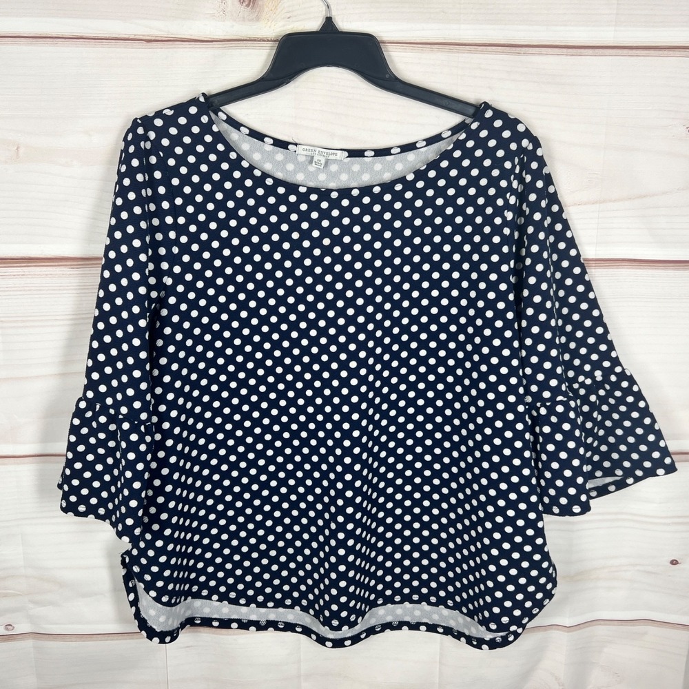 Green Envelope Top Womens 2X Blue Polka Dot Blouse Knit Flare Sleeve Stretch